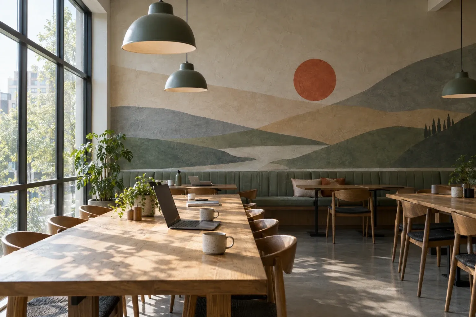 Cafétéria d’entreprise à midi, grand paysage graphique imprimé sur le mur du fond derrière les tables