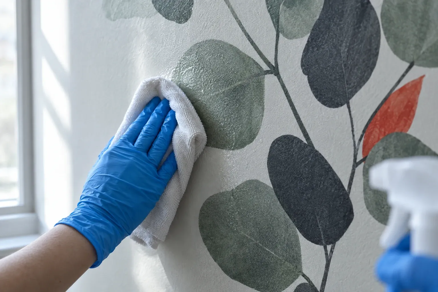 Main gantée qui essuie au chiffon microfibre une impression d’eucalyptus sur le mur, surface humide parfaitement plane