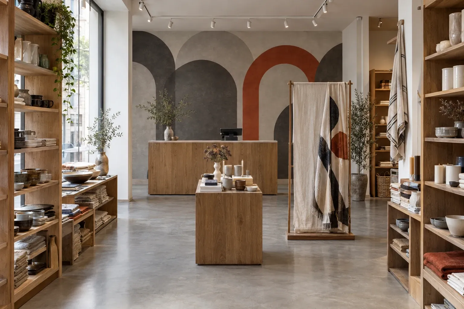 Concept-store parisien, motif d’arches imprimé sur le mur du fond derrière la caisse, portant de tissu et socle de campagne amovibles devant