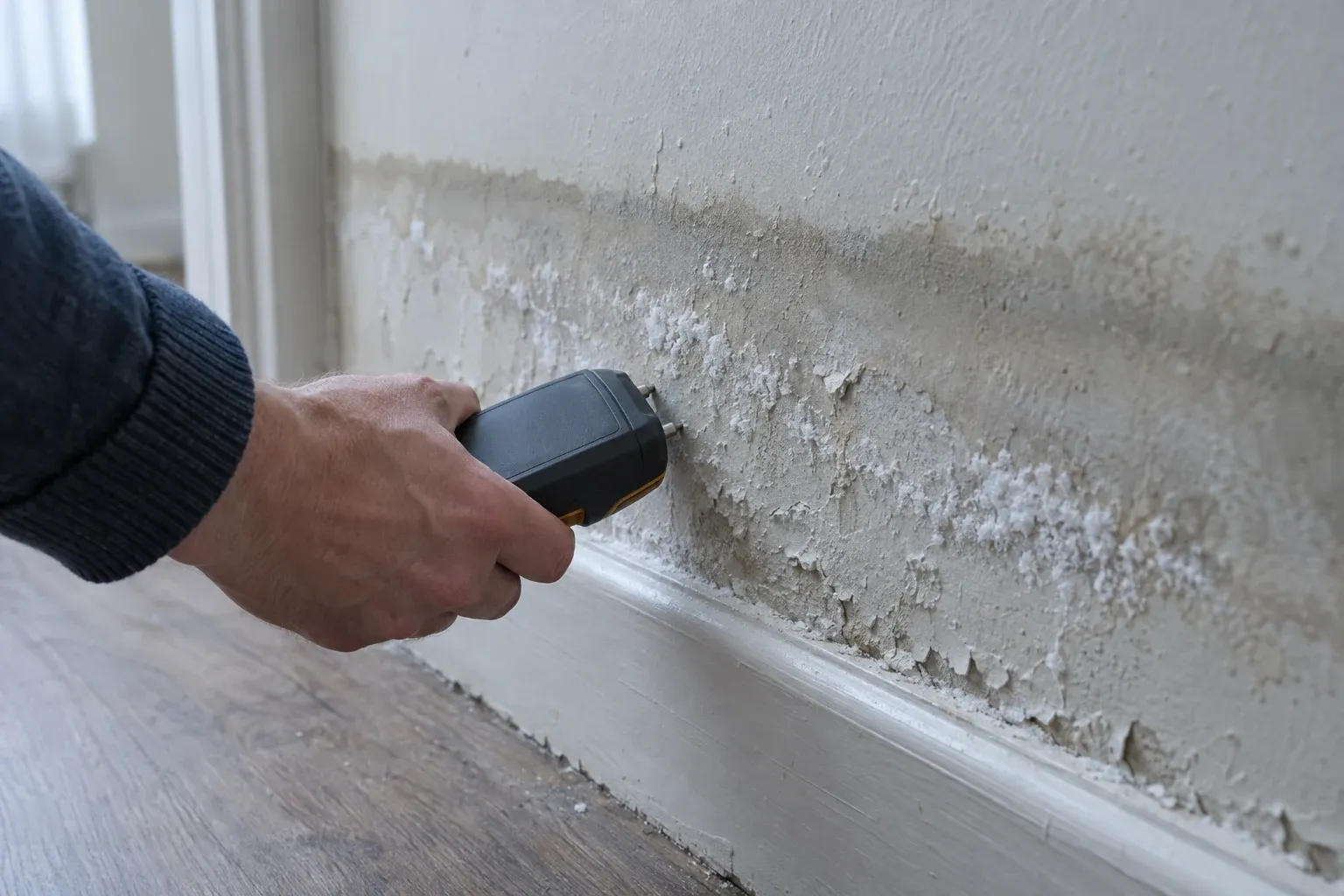 Humidimètre appliqué sur un bas de mur où la peinture cloque et le salpêtre affleure au-dessus de la plinthe