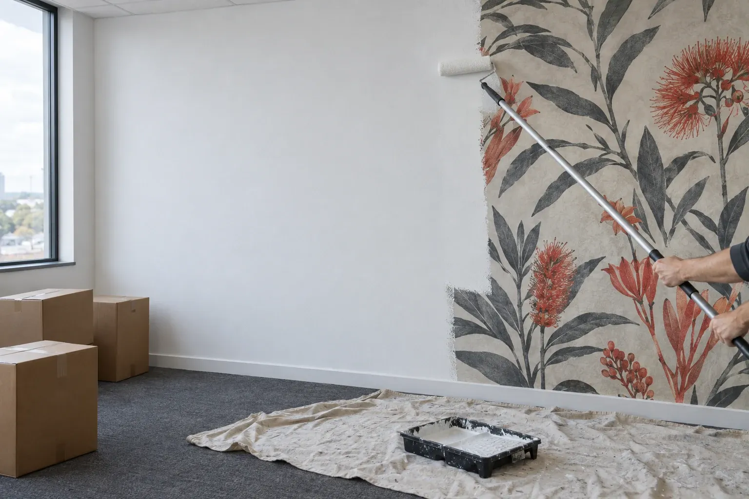 Bureau vidé en fin de bail, un rouleau recouvre de peinture blanche une fresque végétale imprimée, cartons de déménagement à côté