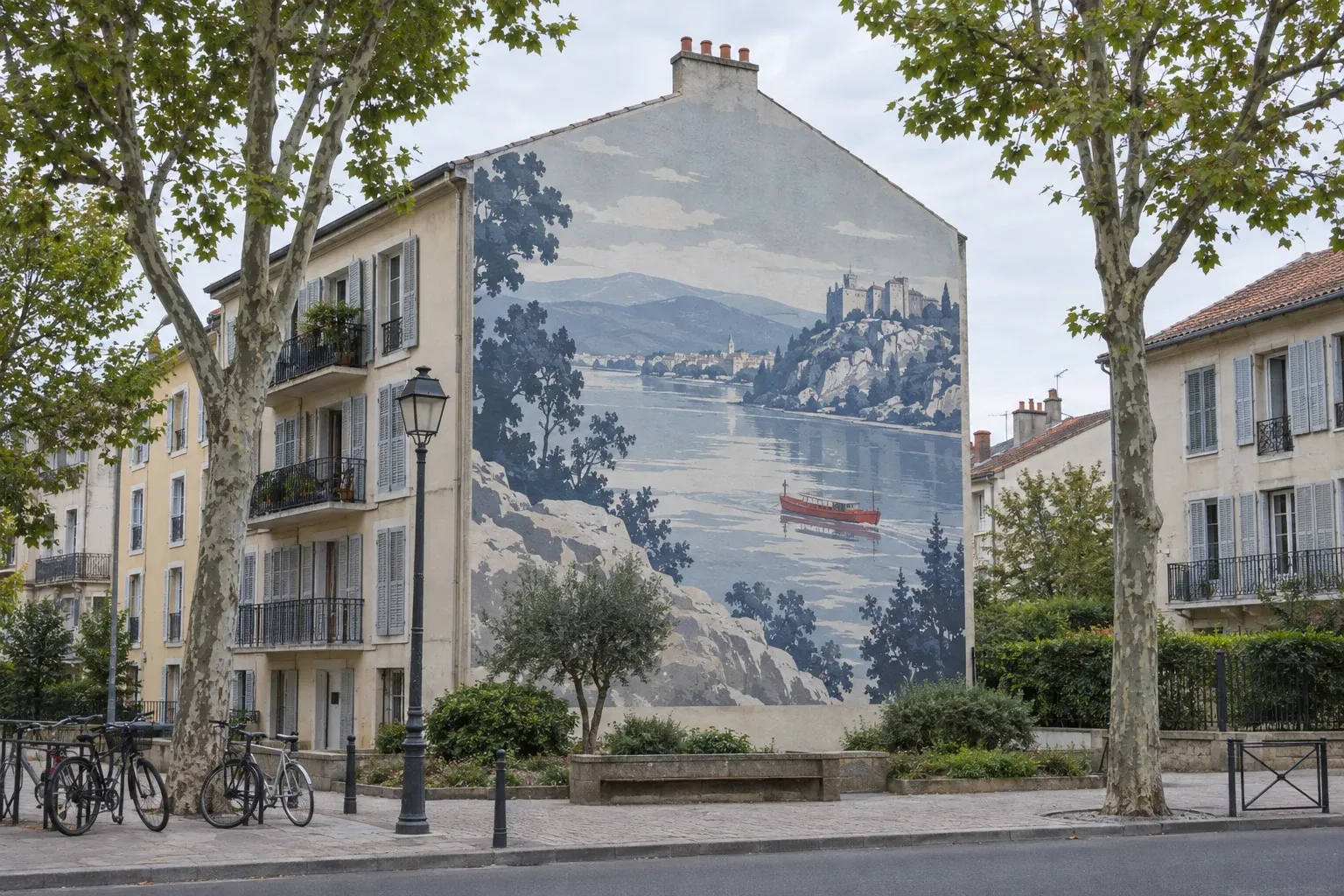 Pignon d’immeuble sur une avenue plantée de platanes, paysage de lac et de château imprimé en camaïeu de bleus avec une barque vermillon