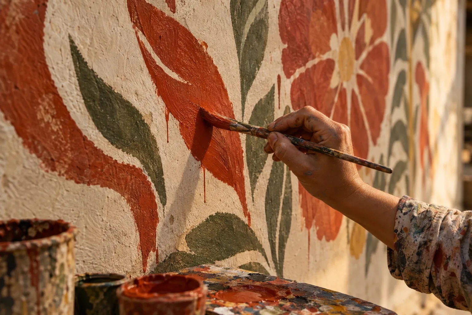 Main d’un peintre posant au pinceau un pétale vermillon sur une fresque florale, pots de peinture et palette au premier plan