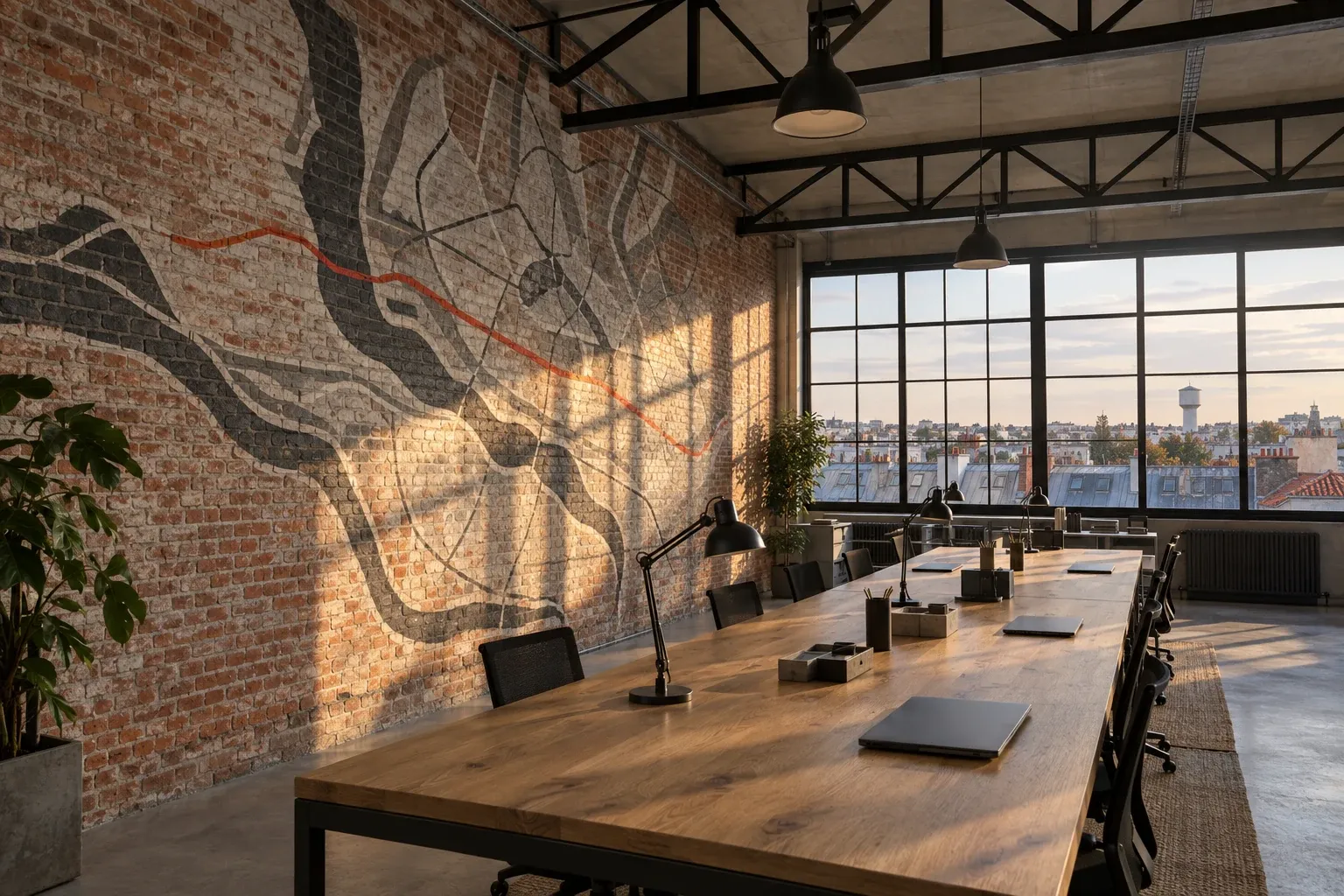 Bureaux dans une ancienne halle de proche banlieue, grand motif imprimé sur le mur de brique, toits de la petite couronne par les fenêtres