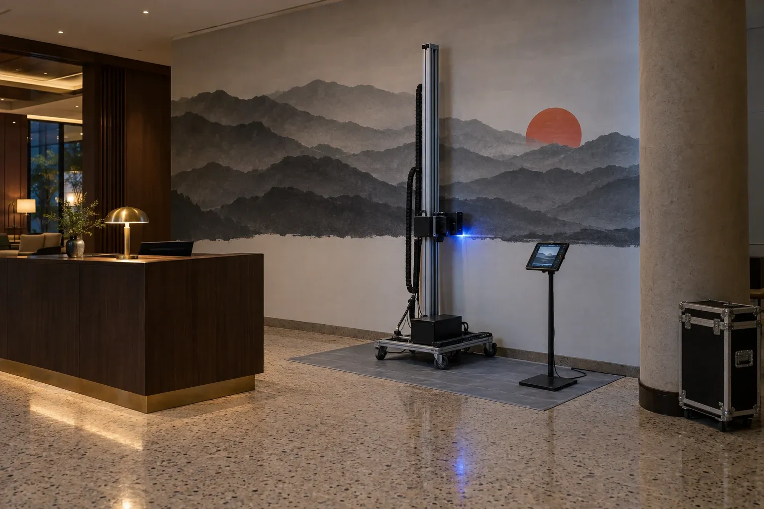 Imprimante murale qui termine un paysage de montagnes au soleil vermillon sur le mur du hall d’un hôtel, le soir, lobby vide