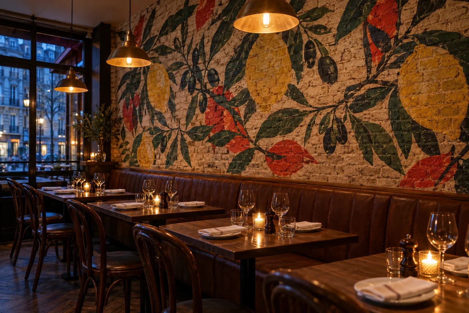 Salle de bistrot avant le service, mur de brique imprimé de citrons et de branches d’olivier au-dessus de la banquette